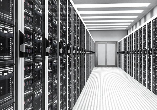 black and white photo of server room